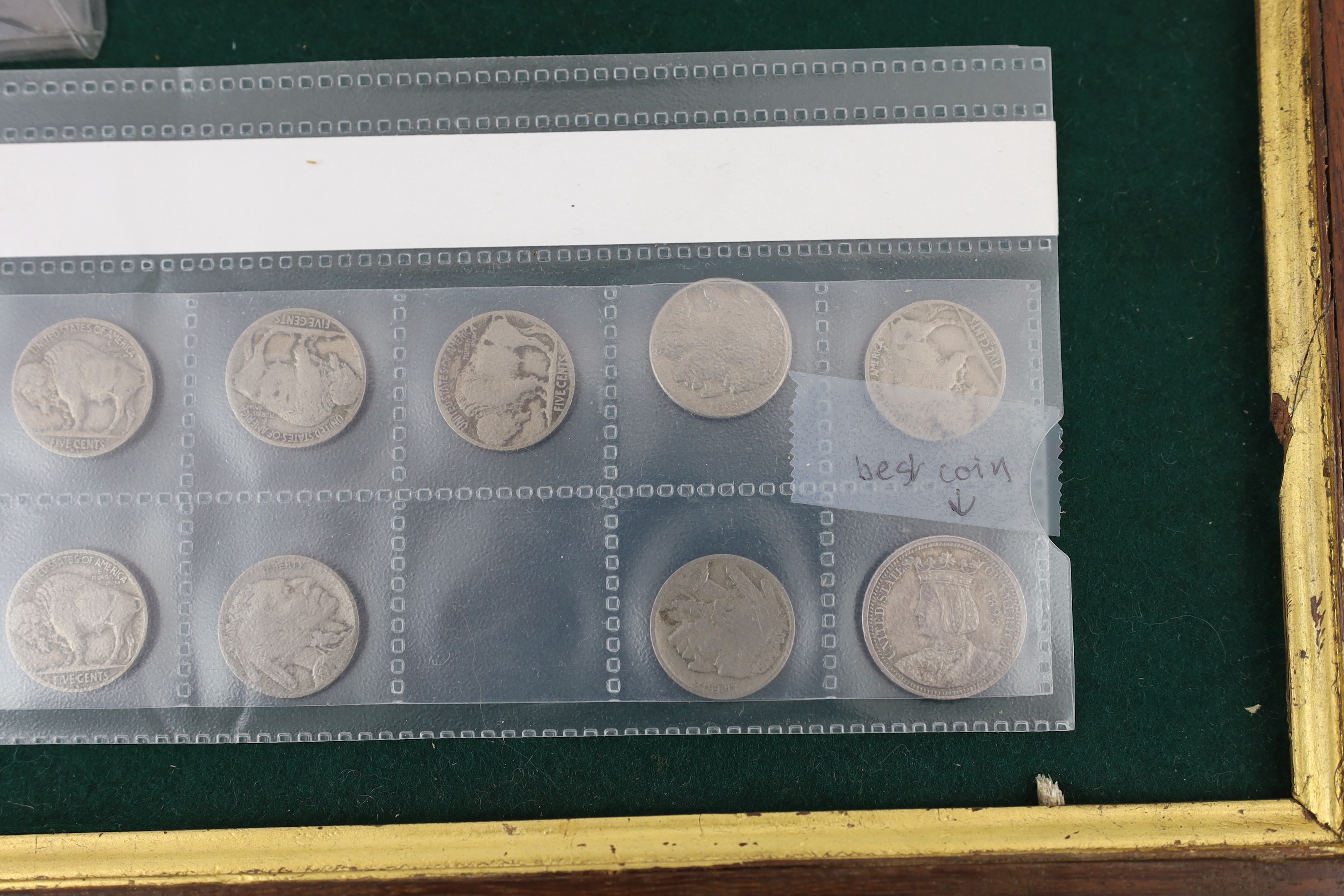 US coins, Queen Isabella quarter dollar 1893, about UNC, Liberty head one cent 1844, VF, various Indian head one cents, five cents